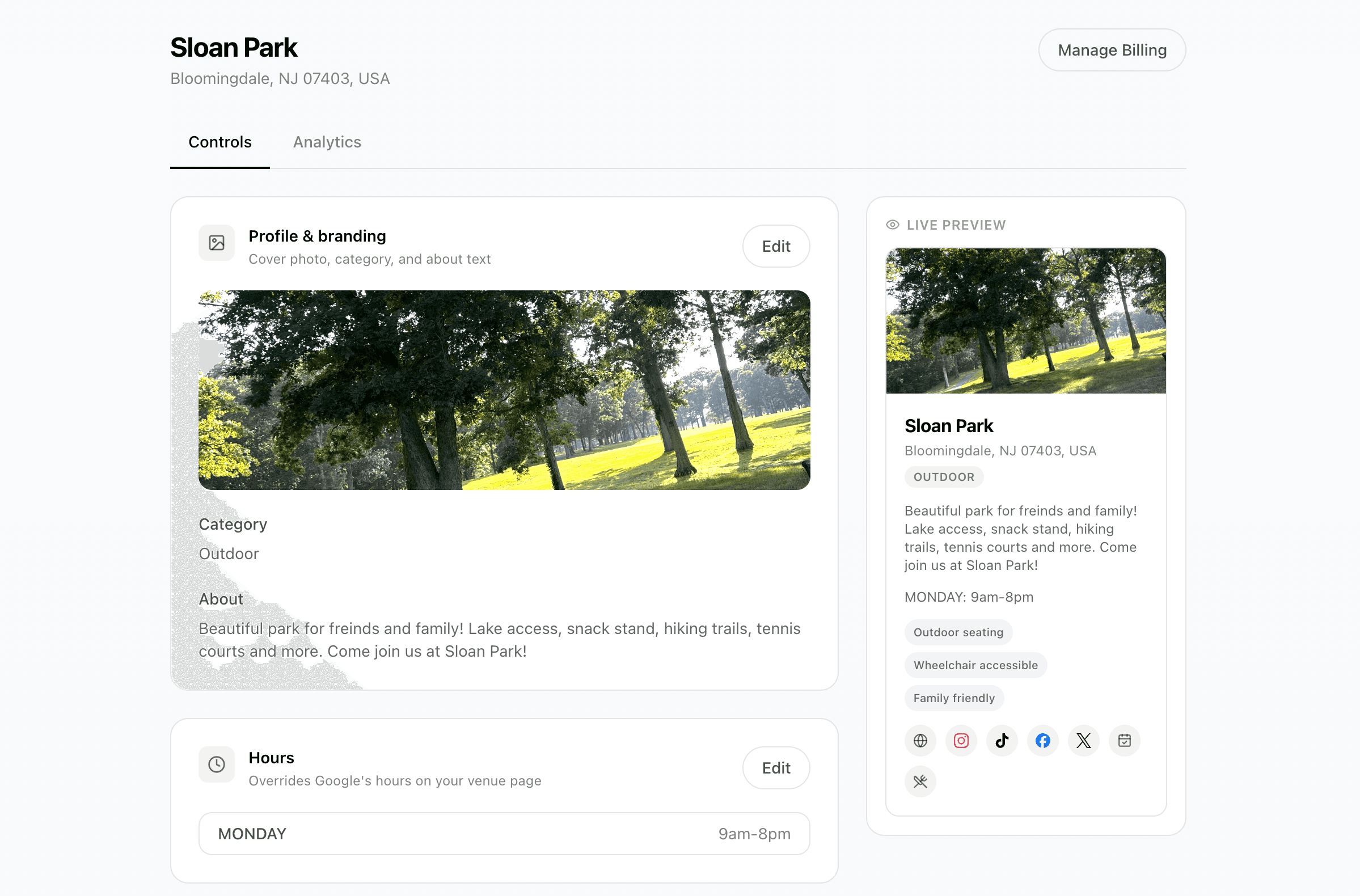 Questly business dashboard, venue controls
